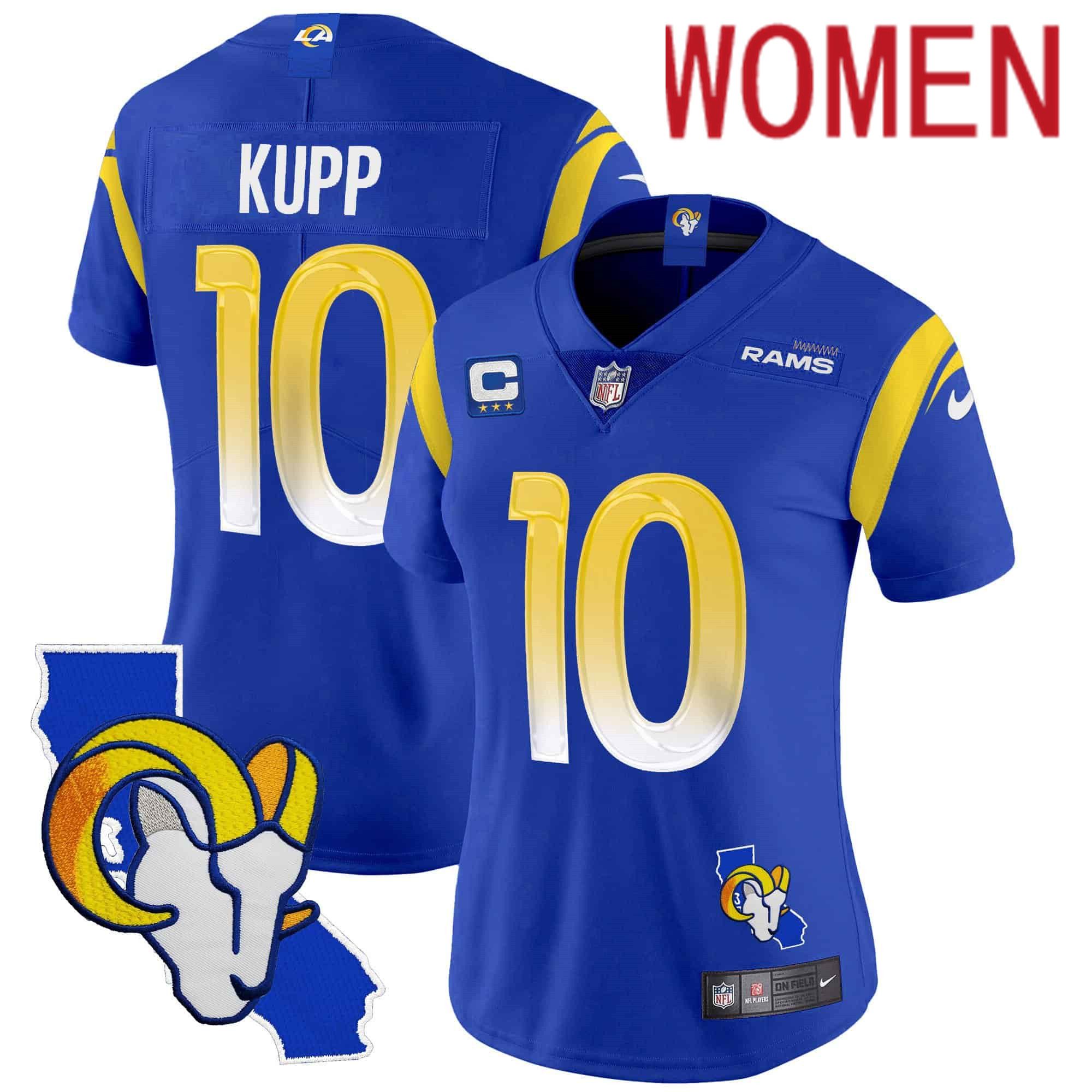 Women Custom Los Angeles Rams #10 Kupp Blue 2024 Nike California Patch Vapor Limited NFL Jersey style 1